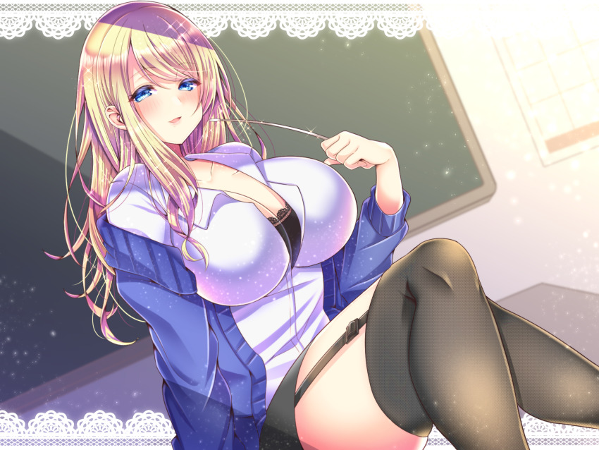 1girl, aizawa_chihiro, arm_support, black_skirt, black_thighhighs, blonde_hair, blue_eyes, blush