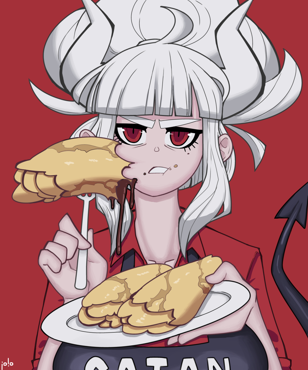 1girl, apron, bob_cut, breasts, collar_bone, demon, demon_girl, eating, food, food_on_face, fork, helltaker, highres, horn, jolo, large_breasts, lucifer_(helltaker), mole, mole_under_eye, pancake, plate, red_eyes, tail, white_hair