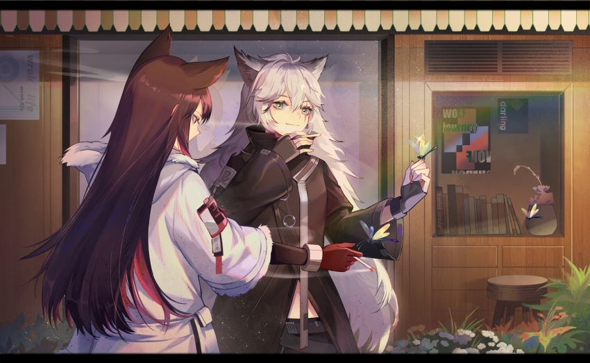 2girls, alternate_costume, animal_ears, arknights, black_hair, black_jacket, bug, cigarette