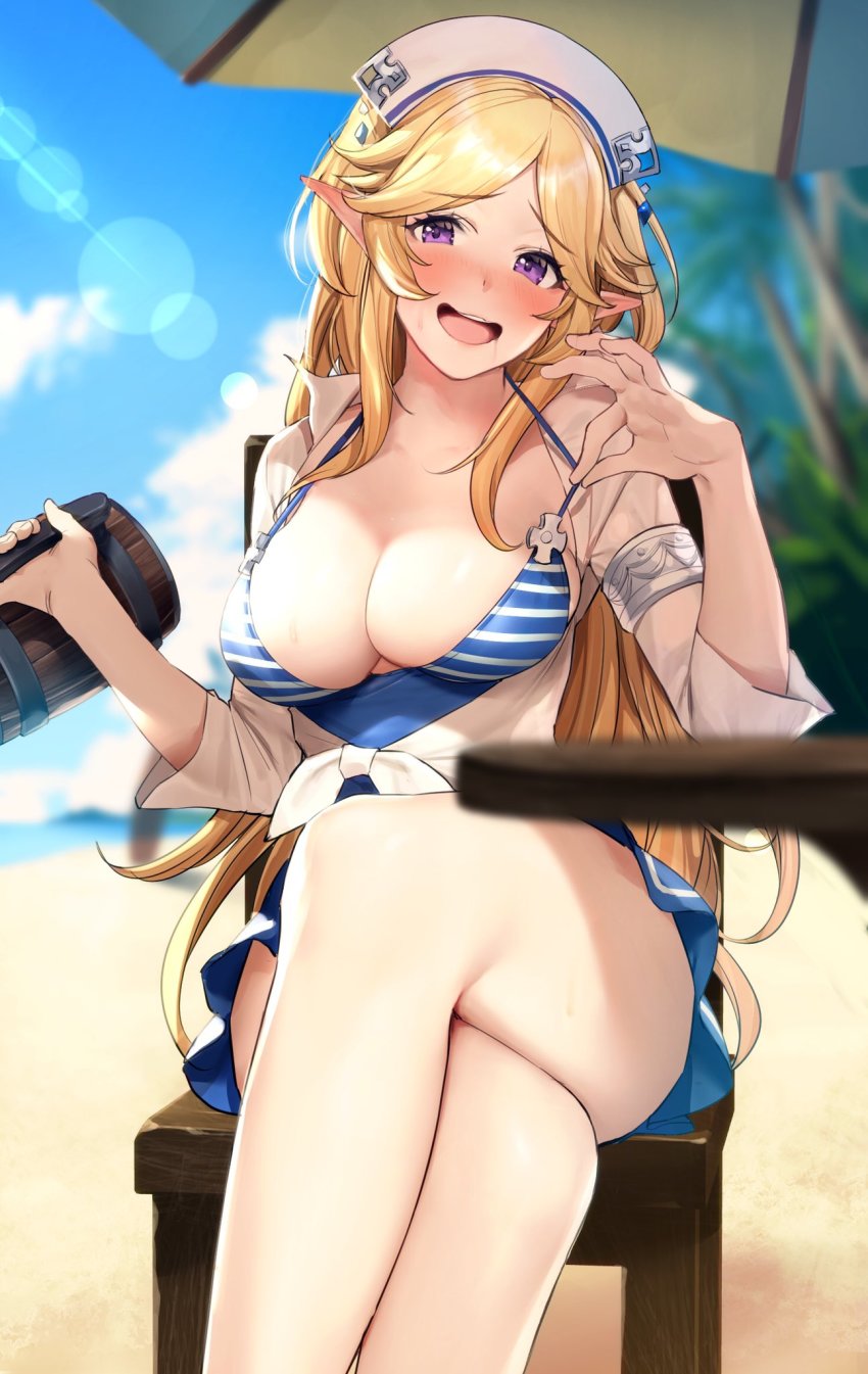 1girl, alternate_costume, beach, bikini, bikini_tug, blonde_hair, blue_bikini, blurry, blurry_background, blush, breasts, cleavage, crossed_legs, cup, highres, hiyashi_mirano, holding, holding_cup, large_breasts, long_hair, looking_at_viewer, mug, parted_bangs, pointy_ears, princess_connect!, purple_eyes, shirt, sidelocks, smile, solo, swimsuit, thighs, tied_shirt, yukari_(princess_connect!), yukari_(summer)_(princess_connect!)