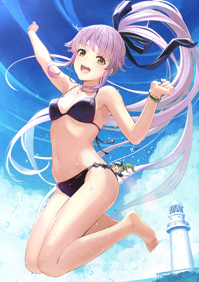 2girls, 53cm_hull-mount_(oxygen)_torpedoes, arm_up, barefoot, bikini, blush, bracelet, breasts