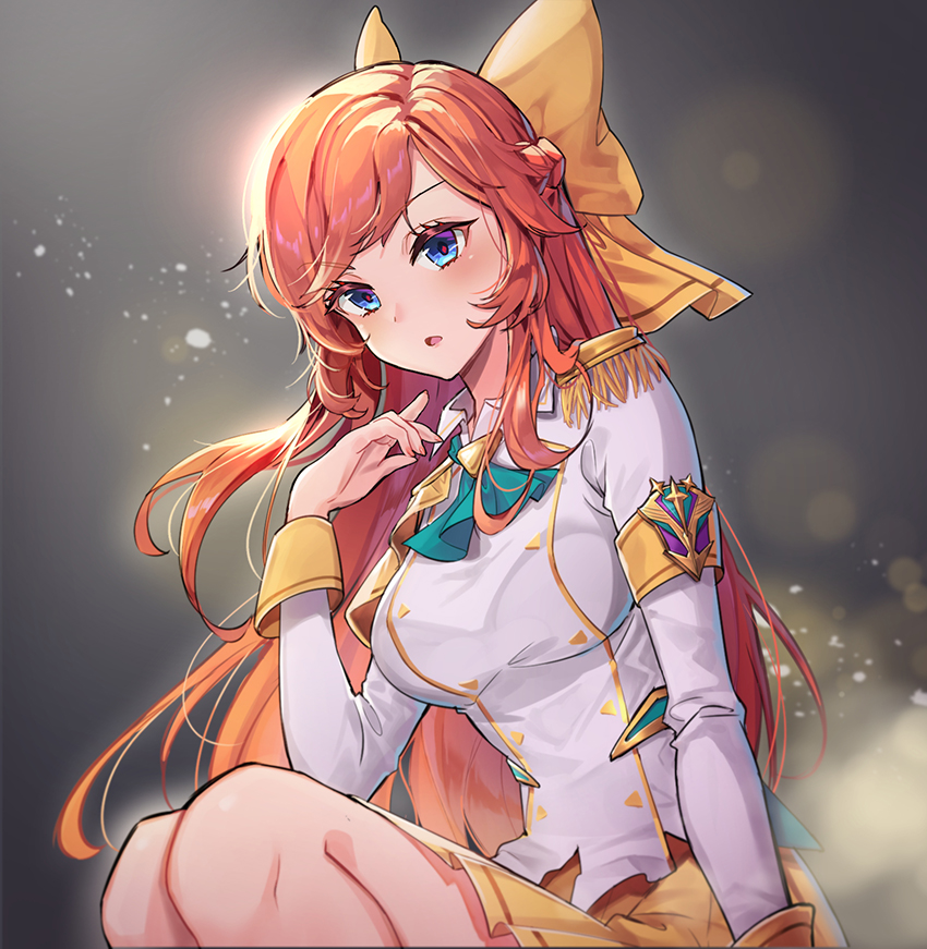 1girl, alternate_costume, arm_support, badge, battle_academia_(league_of_legends), battle_academia_lux, blue_eyes, blush, bracelet, breasts, chibi_vanille, fingernails, green_neckwear, hair_ornament, jewelry, large_breasts, league_of_legends, long_hair, long_sleeves, looking_at_viewer, lux_(league_of_legends), neckwear_request, open_mouth, pleated_skirt, prestige_battle_academia_lux, prestige_edition_(league_of_legends), red_hair, ribbon, school_uniform, shiny_clothes, shiny_skin, shirt, simple_background, sitting, skirt, solo, white_shirt, yellow_ribbon, yellow_skirt
