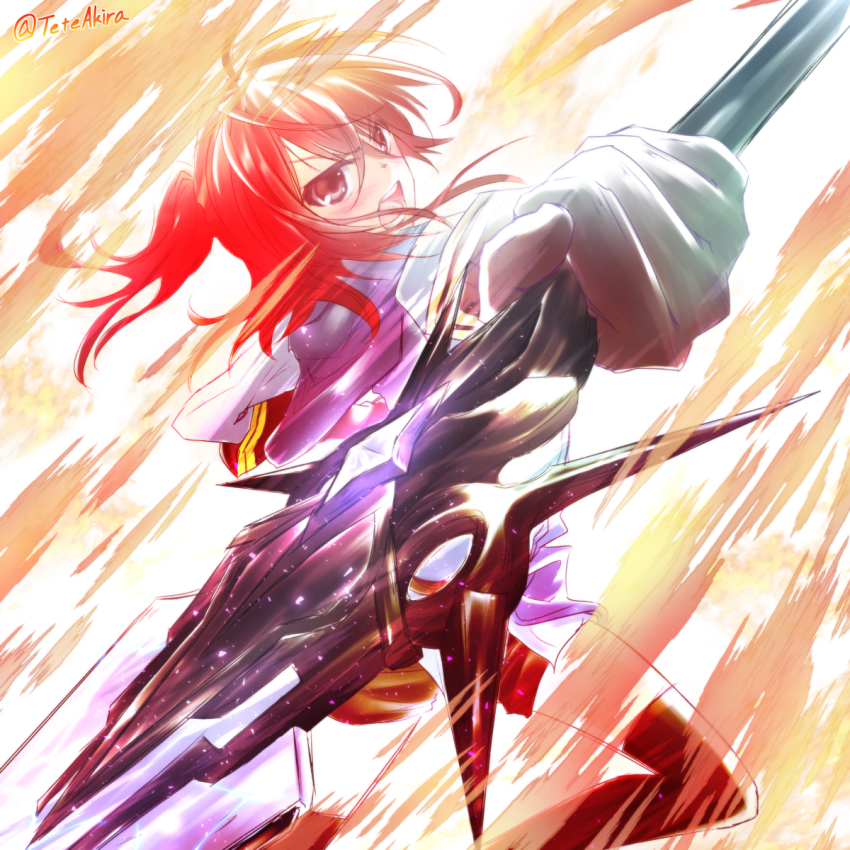 akira_(tete-akira), blush, gloves, highres, leila_asprey, monochrome_background, open_mouth, ponytail, red_eyes, red_hair, shuumatsu_nani_shitemasu_ka?, sword, thighhighs, weapon