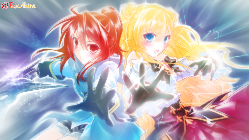adelaide, akira_(tete-akira), blonde_hair, blue_background, blue_eyes, gloves, leila_asprey, magic