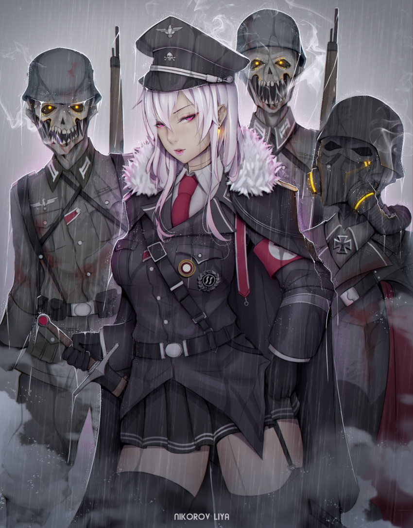 1girl, 3boys, absurdres, artist_name, belt, black_belt, black_cape, black_gloves, black_skirt, black_thighhighs, breasts, cape, collared_shirt, commentary, commission, copyright_request, cross, earrings, fur_trim, gas_mask, german_commentary, germany, gloves, hair_between_eyes, hat, helmet, highres, iron_cross, jacket, jewelry, liya_nikorov, long_hair, long_sleeves, looking_at_viewer, mask, medium_breasts, military, military_hat, military_jacket, military_uniform, multiple_boys, nazi, necktie, sheath, sheathed, shirt, skirt, skull, smile, soldier, ss_insignia, steam, sword, thighhighs, weapon, white_hair, white_shirt, world_war_ii, zettai_ryouiki, zombie