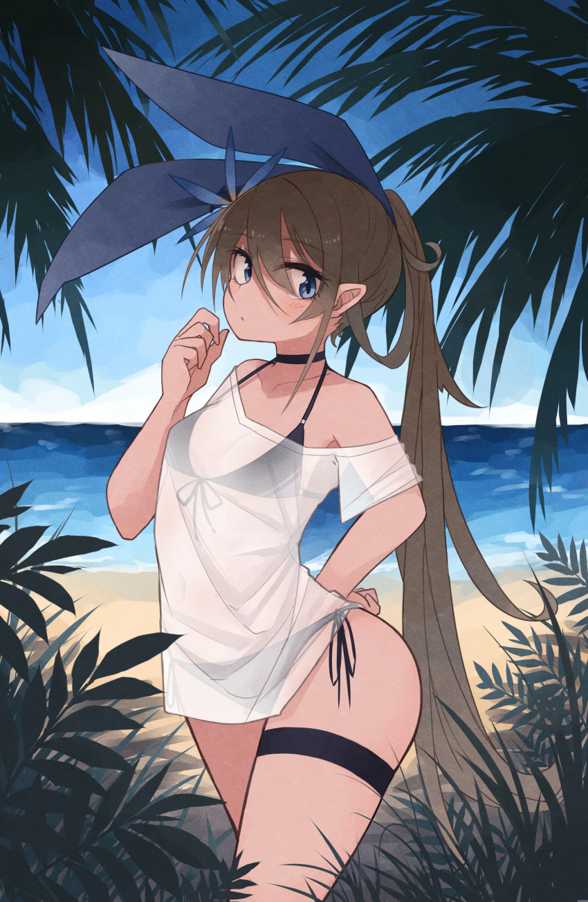 1girl, beach, bikini, black_bikini, blue_eyes, breasts, choker, female_focus