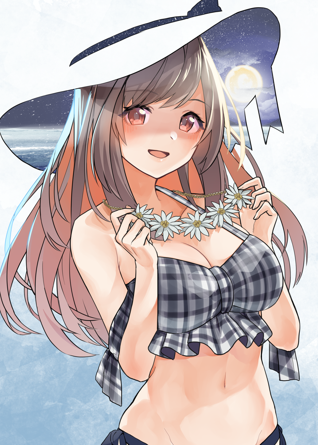 1girl, :d, armpit_crease, bare_shoulders, bikini, blue_background, blue_bikini, blush, breasts, brown_eyes, brown_hair, checkered_bikini, checkered_clothes, cleavage, cloud, cloudy_sky, collar, collarbone, commentary_request, eyelashes, fingernails, flower, flower_collar, frilled_bikini, frills, gradient_background, groin, halterneck, hands_up, hat, hat_ribbon, highres, holding, holding_collar, idolmaster, idolmaster_shiny_colors, large_breasts, linea_alba, long_hair, looking_at_viewer, lowleg, lowleg_bikini, midriff, moon, navel, night, ocean, off_shoulder, open_mouth, orange_blossoms, parted_bangs, partial_commentary, pekoni_(peconi), plaid_bikini, plaid_clothes, ribbon, side-tie_bikini_bottom, sky, smile, solo, star_(sky), starry_sky, stomach, sun_hat, swimsuit, tsukioka_kogane, upper_body, white_background, white_flower