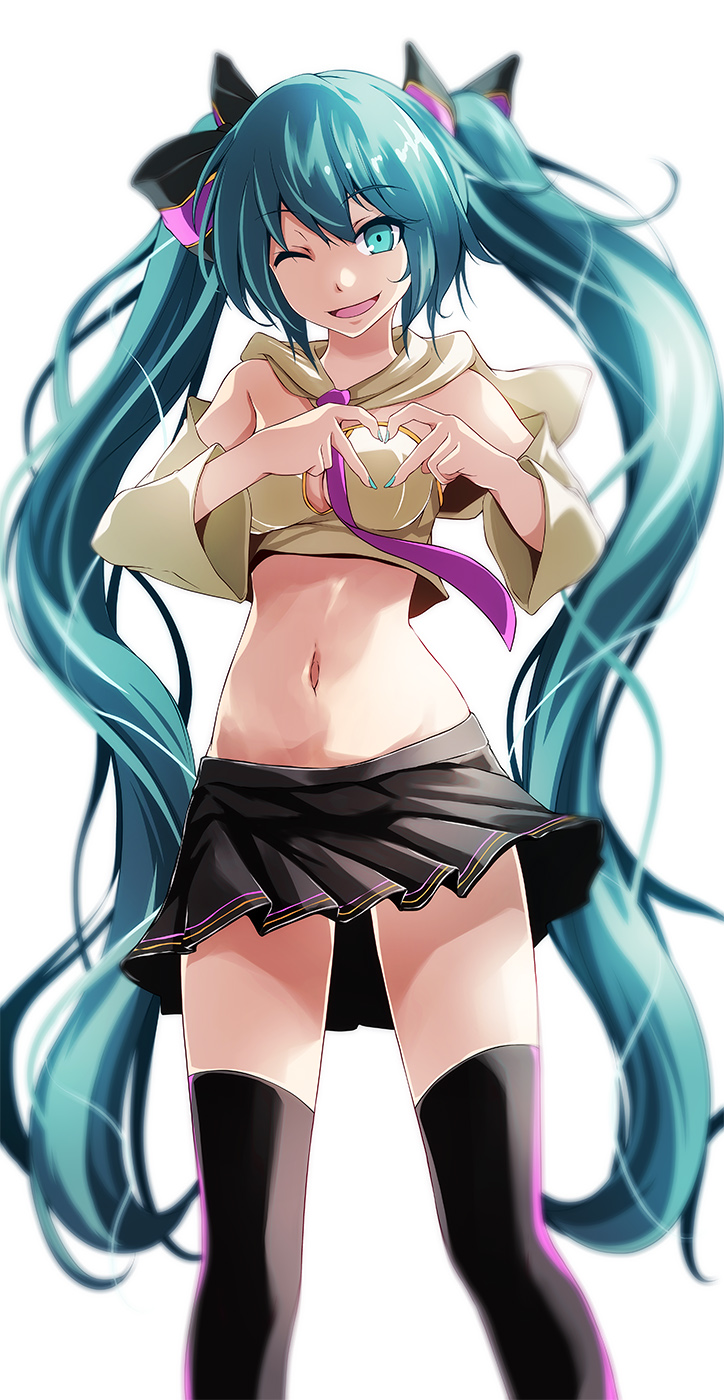 1girl, ;d, aqua_eyes, aqua_hair, black_bow, black_skirt, black_thighhighs, blue_nails, blurry, blurry_background, bow, breasts, cheerleader, cleavage, crop_top, detached_sleeves, floating_hair, hair_between_eyes, hair_bow, hatsune_miku, hatsune_miku_(cheerful), heart, heart_hands, highres, long_hair, long_sleeves, looking_at_viewer, medium_breasts, midriff, miniskirt, nail_polish, navel, necktie, one_eye_closed, open_mouth, pleated_skirt, purple_necktie, sailor_collar, simple_background, sing&amp;smile_(vocaloid), skirt, smile, solo, standing, stomach, thighhighs, tsukishiro_saika, very_long_hair, vocaloid, white_background