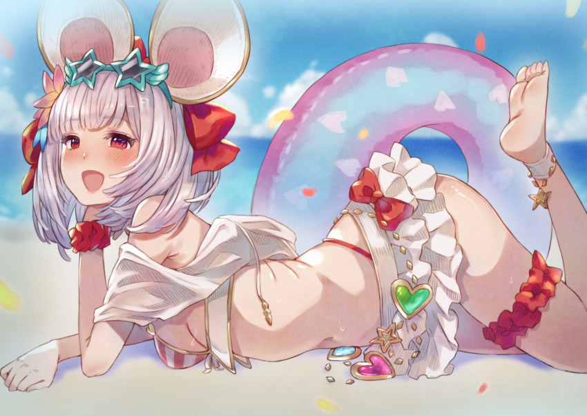 1girl, animal_ears, ass, barefoot, beach, bikini, blush, bow