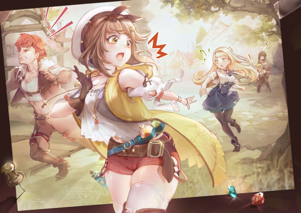 2boys, 3girls, agatha_harmon, atelier_(series), atelier_ryza, atelier_ryza_1, bare_shoulders, belt, black_legwear, blonde_hair, blue_belt, blue_skirt, bodysuit, breasts, bridal_legwear, brown_belt, brown_bodysuit, brown_eyes, brown_gloves, brown_hair, brown_pants, cleavage, clenched_teeth, flask, gloves, hair_ornament, hair_ribbon, hairclip, hood, hooded_vest, hoodie, house, jacket, jewelry, klaudia_valentz, large_breasts, leather, leather_belt, leather_gloves, lent_marslink, long_hair, multiple_boys, multiple_girls, necklace, open_mouth, outdoors, pants, pantyhose, red_hair, red_shorts, reisalin_stout, ribbon, round-bottom_flask, round_eyewear, running, short_hair, short_shorts, shorts, single_glove, skirt, sleeveless, sleeveless_jacket, star_(symbol), star_necklace, tao_mongarten, teeth, thighhighs, thighs, tree, vest, vial, white_headwear, yellow_jacket, yu_chien_(yuchien4221)