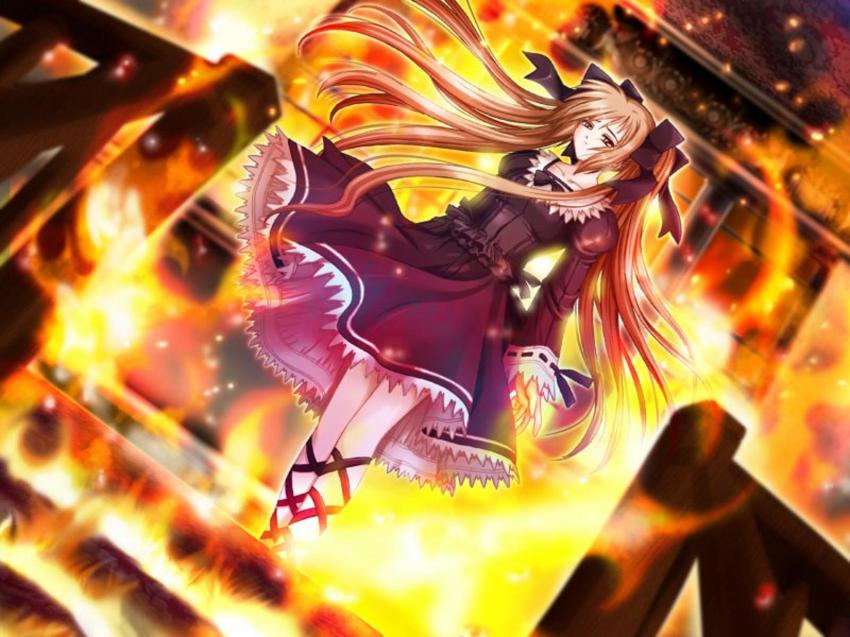 1girl, dutch_angle, female_focus, fire, goth_fashion, highres, long_hair, mindead_blood