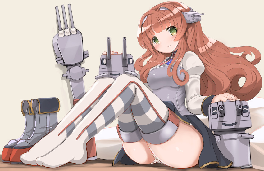 1girl, adapted_turret, american_flag_neckwear, boots, unworn_boots, breasts, brown_hair, brown_skirt, browning_auto_5, green_eyes, headgear, helena_(kancolle), highres, kantai_collection, long_hair, long_sleeves, medium_breasts, redundant-cat, shirt, sitting, skirt, smile, solo, thighhighs, white_shirt, white_thighhighs