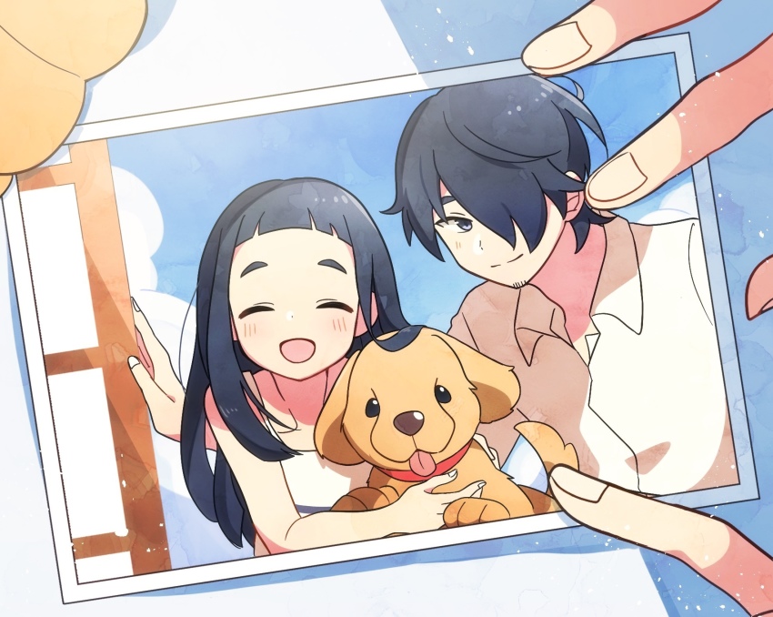 1boy, 1girl, :d, animal_collar, blue_eyes, blue_sky, blunt_bangs, blush