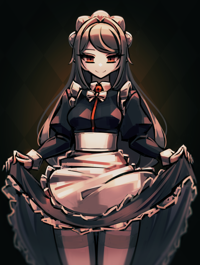 1girl, apron, argyle_background, argyle_clothes, blurry, bow, bowtie, breasts