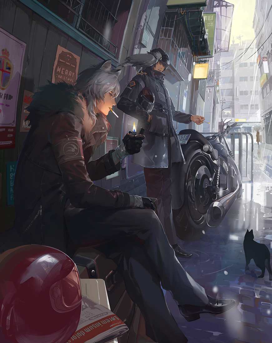 1boy, 1other, a-m-one, alley, animal, animal_ears, animal_on_shoulder, arknights