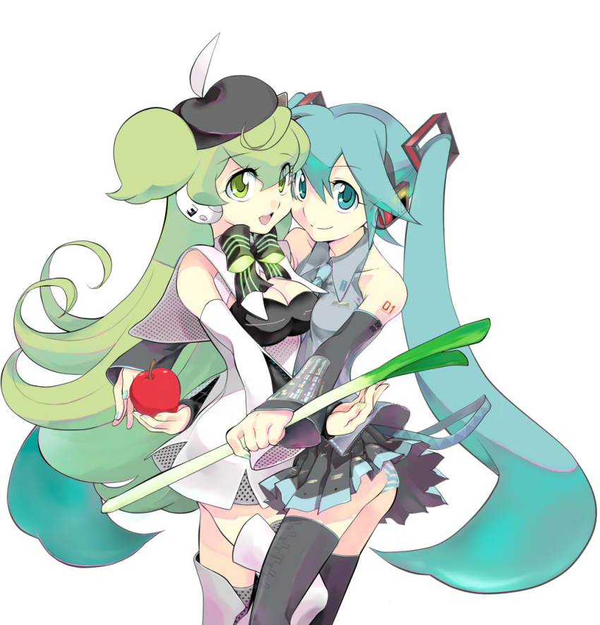 2girls, apple, apple_inc., aqua_eyes, aqua_hair, aqua_nails, ass, bad_id, bad_pixiv_id, black_thighhighs, breast_press, breasts, cleavage, food, fruit, green_eyes, green_hair, hat, hatsune_miku, headphones, holding, holding_food, holding_fruit, konakonagona, long_hair, macintosh, macne_nana, macne_series, multiple_girls, nail_polish, necktie, panties, simple_background, skirt, smile, thighhighs, twintails, underwear, vocaloid, yuri, zettai_ryouiki