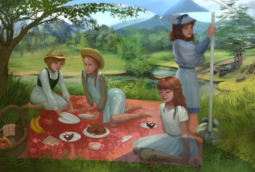 4girls, a_little_princess, alps_no_shoujo_heidi, anne_of_green_gables, anne_shirley, banana, barefoot, blanket, braid, brown_eyes, brown_hair, cake, cake_slice, cloud, commentary, commission, commissioner_upload, company_connection, crossover, curly_hair, day, dress, english_commentary, food, fruit, full_body, grass, green_eyes, hat, heidi_(alps_no_shoujo_heidi), lake, landscape, long_hair, mary_lennox, mountain, mountainous_horizon, multiple_crossover, multiple_girls, napkin, nippon_animation, outdoors, picnic, picnic_basket, picnic_blanket, pinafore_dress, plate, princess_sarah, realistic, red_hair, river, sarah_crewe, scenery, shade, shadow, short_hair, short_sleeves, sitting, sleeveless, sleeveless_dress, straw_hat, sun_hat, the_secret_garden, tree, twin_braids, tychytamara, wariza, yokozuwari