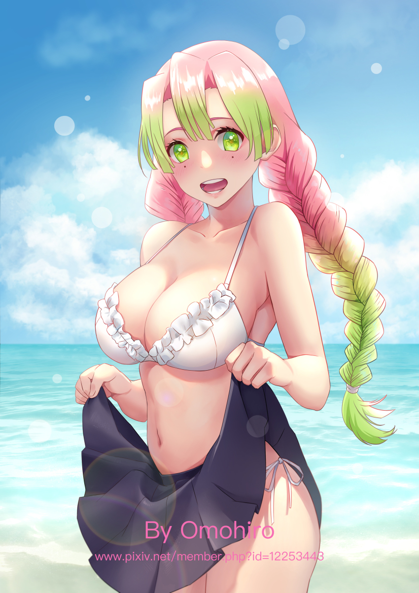 1girl, absurdres, bikini, black_skirt, breasts, cleavage, clothes_lift, cloud, day, frilled_bikini, frills, gradient_hair, green_eyes, green_hair, hair_between_eyes, highres, kanroji_mitsuri, kimetsu_no_yaiba, large_breasts, lens_flare, long_hair, looking_at_viewer, miniskirt, mole, mole_under_eye, multicolored_hair, navel, ocean, omohiro, open_mouth, outdoors, pink_hair, pleated_skirt, side-tie_bikini_bottom, skirt, skirt_lift, smile, solo, swimsuit, very_long_hair, watermark, web_address, white_bikini