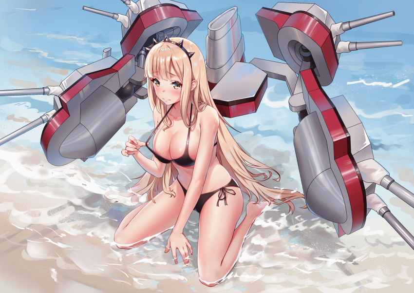 1girl, absurdres, beach, bikini, black_bikini, blonde_hair, blue_oath, blush