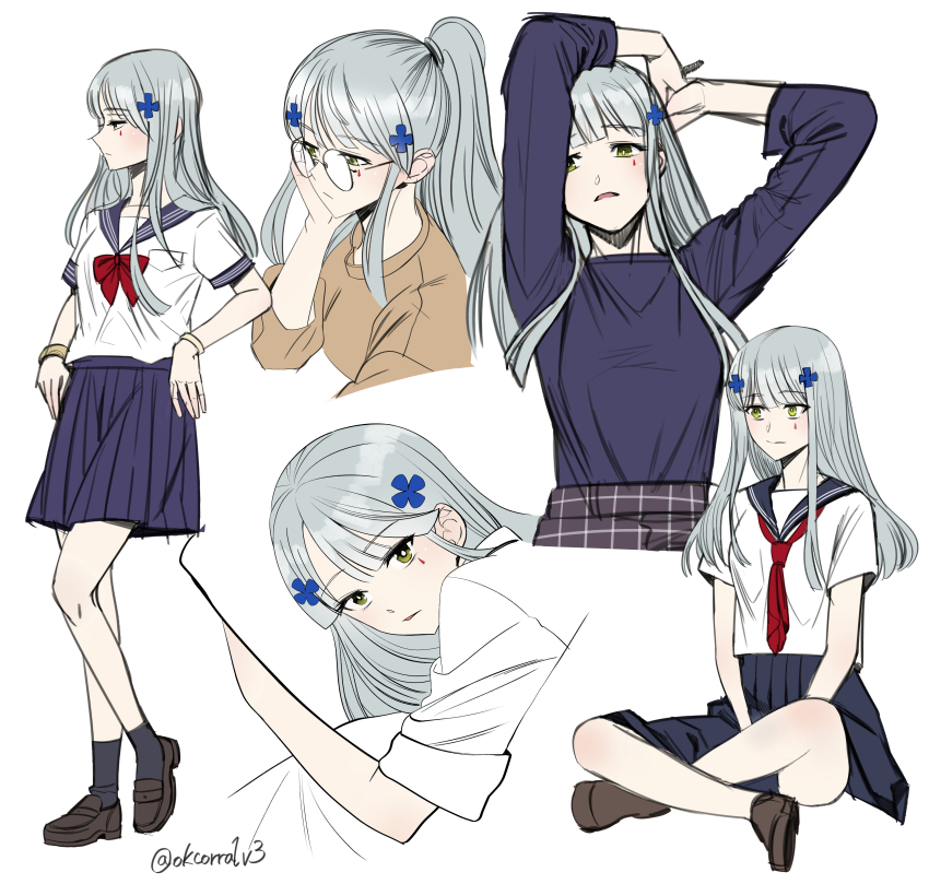 1girl, absurdres, artist_name, bad_id, bad_pixiv_id, blue_hair, blue_shirt, blue_skirt