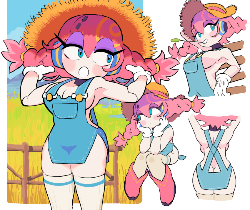 1girl, ass, blush_stickers, bommina, bommina_the_maidroid, breasts, butt_crack, cleavage, eyeshadow, farm, gashi-gashi, gloves, gradient_hair, green_eyes, hat, head_tilt, highres, joints, large_breasts, long_hair, makeup, multicolored_hair, naked_overalls, overalls, pink_hair, robot_ears, smile, solo, teeth, thighhighs, twintails, white_gloves, white_thighhighs