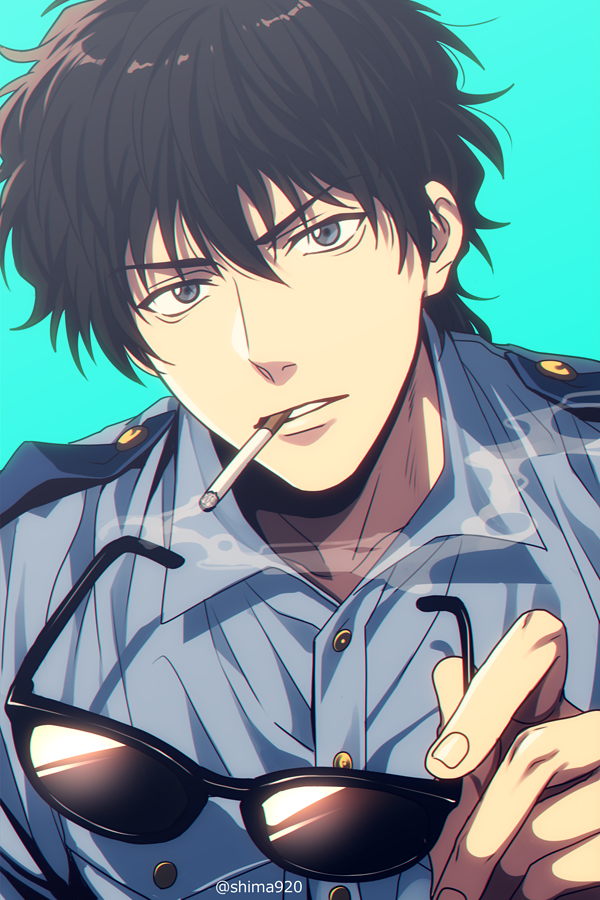 1boy, black_hair, blue_background, blue_eyes, blue_shirt, cigarette, collared_shirt, commentary_request