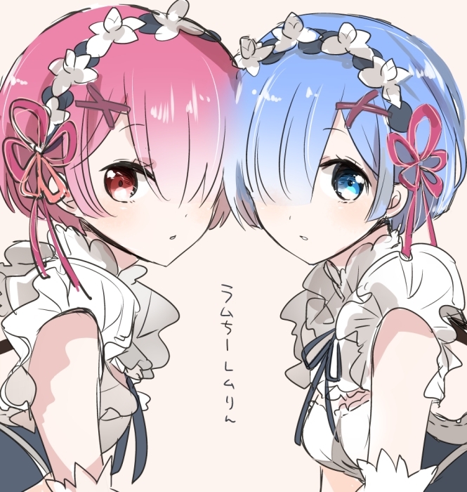 2girls, black_ribbon, blue_eyes, blue_hair, detached_sleeves, female_focus, flower, hair_flower
