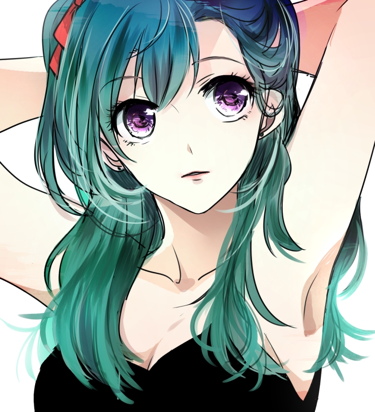 1girl, armpits, arms_behind_head, arms_up, blue_hair, bow, breasts, cleavage