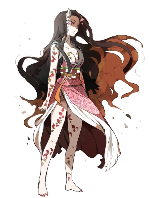 1girl, barefoot, black_hair, breasts, brown_hair, checkered_sash, cleavage, closed_mouth, collarbone, fingernails, floating_hair, full_body, horns, japanese_clothes, kamado_nezuko, kamado_nezuko_(demon), kimetsu_no_yaiba, kimono, long_hair, medium_breasts, multicolored_hair, nail_polish, obi, open_clothes, open_kimono, pink_eyes, pink_kimono, print_kimono, red_nails, sash, sharp_fingernails, shumiko_(kamenokoueki), simple_background, single_horn, sketch, sleeveless, sleeveless_kimono, solo, spoilers, standing, toenail_polish, toenails, two-tone_hair, very_long_hair, white_background