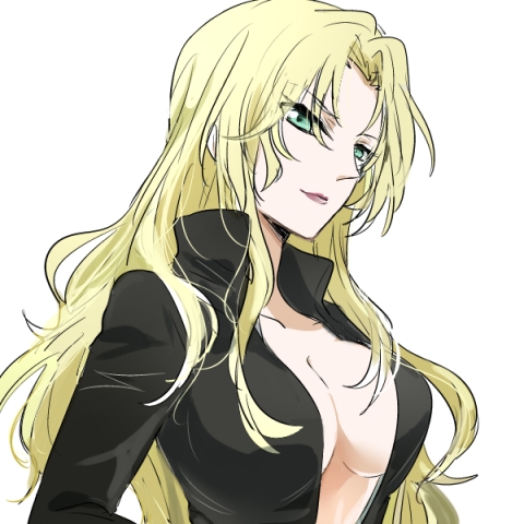 1girl, black_bodysuit, blonde_hair, bodysuit, breasts, cleavage, closed_mouth, collarbone