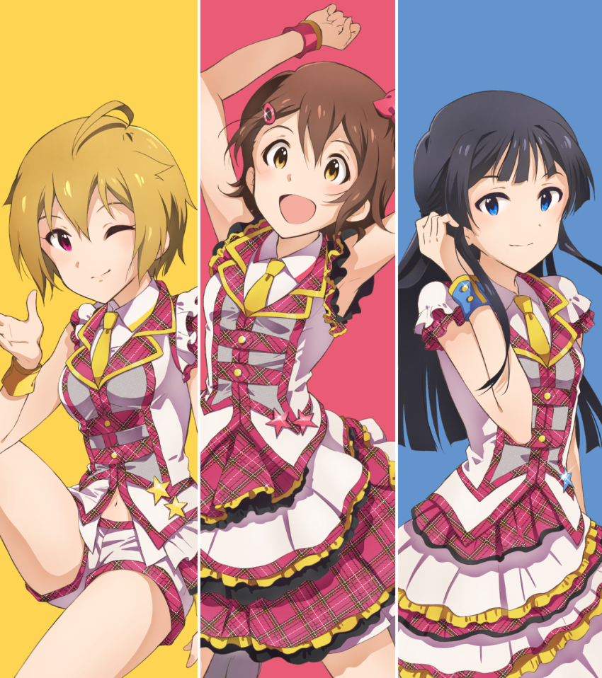 3girls, ahoge, armpits, black_hair, blue_eyes, blunt_bangs, brown_hair, charin, dreaming_stars_(idolmaster), hair_ribbon, highres, ibuki_tsubasa, idolmaster, idolmaster_million_live!, jacket, kasuga_mirai, layered_skirt, mogami_shizuka, multiple_girls, navel, open_mouth, pink_eyes, ribbon, short_hair, shorts, simple_background, skirt, sleeveless, smile, white_jacket, white_shorts, white_skirt, yellow_eyes