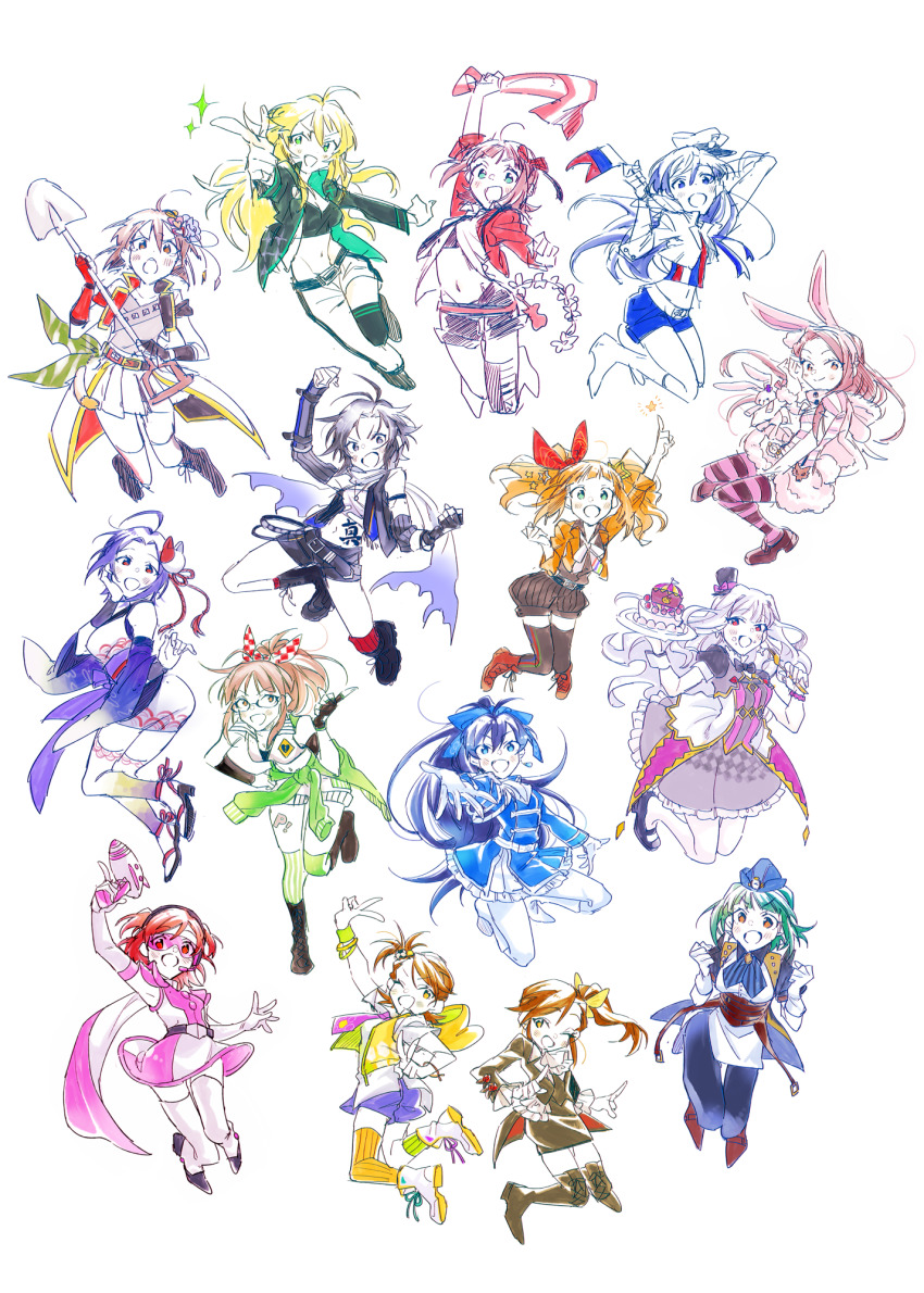 6+girls, adapted_costume, akizuki_ritsuko, alternate_costume, amami_haruka, animal_ears, black_hair, black_shorts, blonde_hair, blue_eyes, blush, rabbit_ears, cake, cosplay, dangerouparker, dress, flag, food, full_body, futami_ami, futami_mami, ganaha_hibiki, glasses, gloves, goggles, green_eyes, green_hair, gun, hagiwara_yukiho, hair_ribbon, hat, highres, holding, holding_cake, holding_food, holding_gun, holding_shovel, holding_weapon, hoshii_miki, idolmaster, idolmaster_(classic), idolmaster_side-m, jacket, kikuchi_makoto, kisaragi_chihaya, minase_iori, miura_azusa, multiple_girls, one_side_up, open_clothes, open_jacket, open_mouth, orange_hair, otonashi_kotori, ponytail, red_eyes, red_jacket, red_ribbon, ribbon, scarf, shijou_takane, shorts, shovel, side_ponytail, simple_background, smile, takatsuki_yayoi, thighhighs, weapon, white_background, white_dress, white_gloves, white_legwear