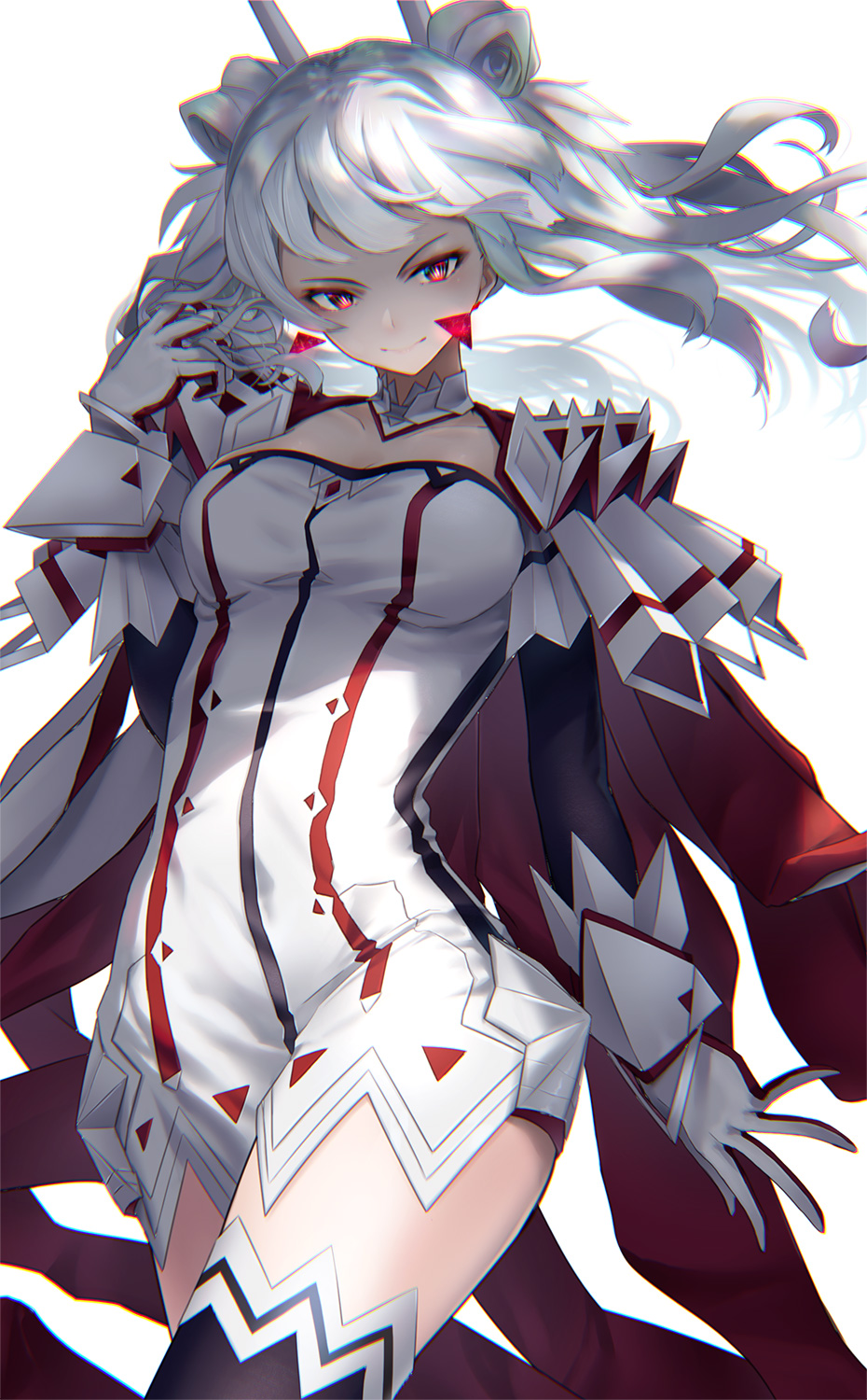 1girl, armor, breasts, cape, choker, collarbone, din_(flypaper), dress