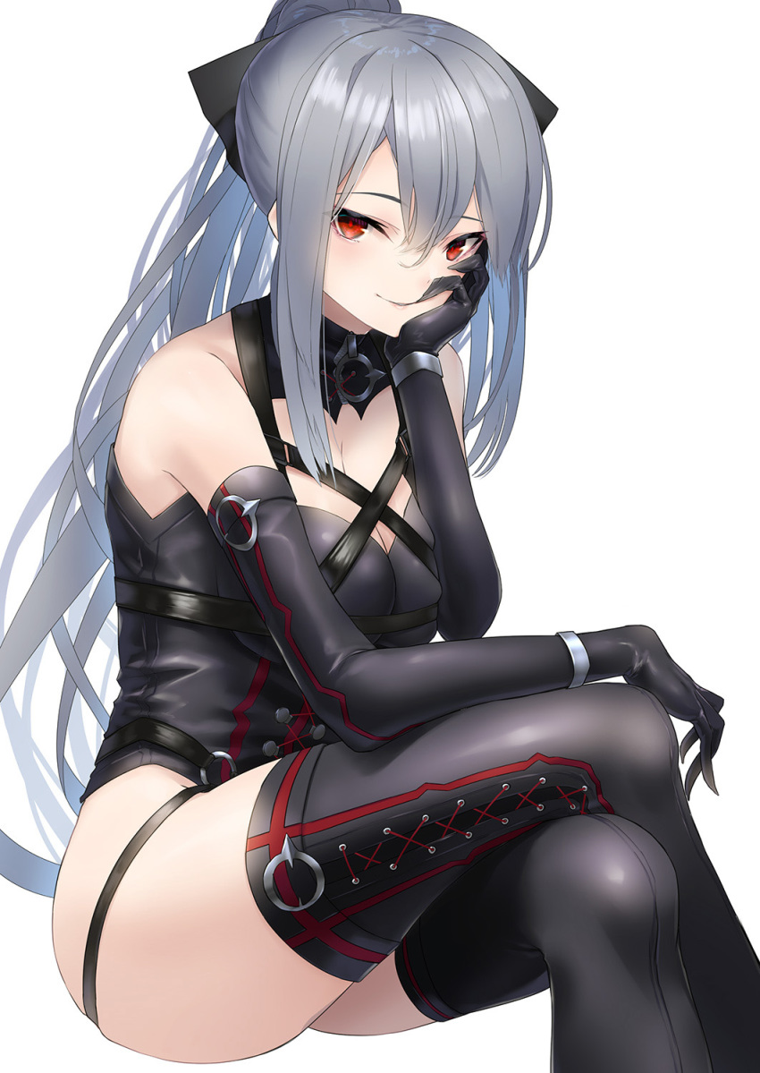 1girl, bare_shoulders, black_gloves, black_leotard, black_ribbon, black_thighhighs, blush, breasts