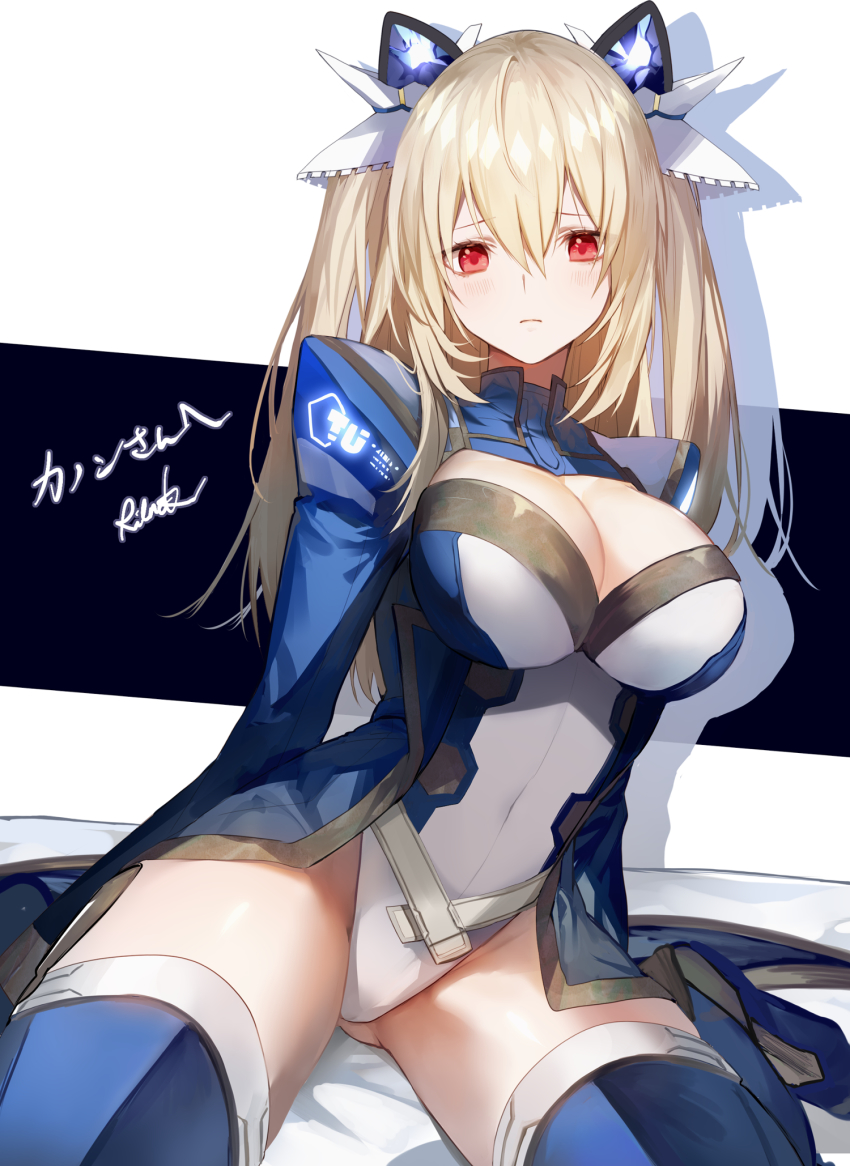 1girl, blush, boots, breasts, cleavage, closed_mouth, commission, commissioner_upload