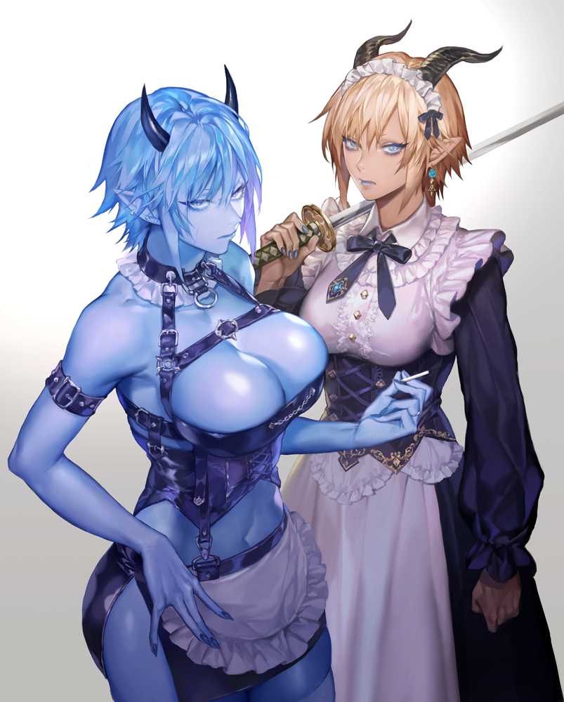 2girls, apron, arm_belt, black_collar, black_horns, black_ribbon, black_skirt, blonde_hair, blue_eyes, blue_eyeshadow, blue_hair, blue_lips, blue_nails, blue_skin, breasts, chest_strap, cleavage, collar, colored_skin, corset, demon_girl, dominatrix, dress, ear_piercing, earrings, eyeshadow, frilled_apron, frills, halterneck, horns, jewelry, katana, large_breasts, long_dress, long_sleeves, looking_at_viewer, maid, maid_apron, makeup, miniskirt, multiple_girls, nail_polish, navel, ohayosayonara, original, piercing, pointy_ears, ribbon, short_hair, side_slit, skirt, standing, sword, waist_apron, weapon