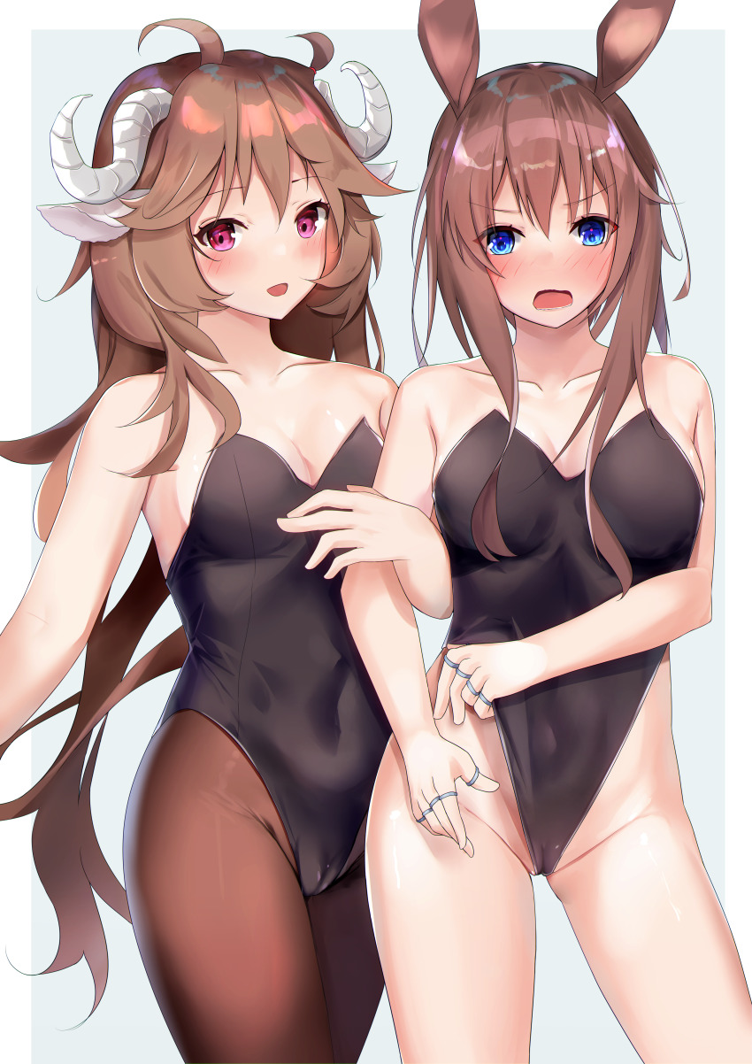 2girls, absurdres, ahoge, amiya_(arknights), animal_ears, arknights, bare_arms, bare_shoulders