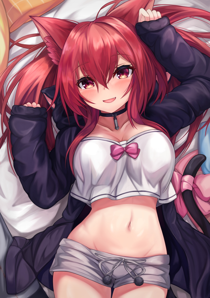 1girl, absurdres, animal_ears, arm_up, azur_lane, black_choker, black_jacket, breasts, cat_ears, cat_girl, cat_tail, choker, cleavage, collarbone, cowboy_shot, crop_top, crop_top_overhang, fang, grey_shorts, groin, hand_up, highres, hood, hood_down, hooded_jacket, i-19_(azur_lane), i-19_(pillowy_paradise)_(azur_lane), jacket, large_breasts, long_hair, long_sleeves, looking_at_viewer, lying, midriff, navel, on_back, open_clothes, open_jacket, open_mouth, red_eyes, red_hair, ribbon, ryara, shirt, short_shorts, shorts, smile, solo, stomach, tail, tail_ornament, tail_ribbon, twintails, white_shirt