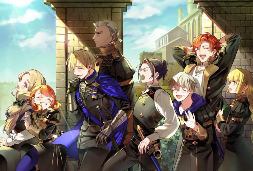 3girls, 5boys, annette_fantine_dominic, arms_up, ashe_ubert, belt, black_hair, blonde_hair, blue_cape, blue_eyes, blue_legwear, book, bow, cape, closed_eyes, closed_mouth, dark-skinned_male, dark_skin, dedue_molinaro, dimitri_alexandre_blaiddyd, earrings, felix_hugo_fraldarius, fire_emblem, fire_emblem:_three_houses, from_side, garreg_mach_monastery_uniform, green_eyes, grey_hair, grin, hair_bow, highres, holding, holding_book, hood, hood_down, ingrid_brandl_galatea, jewelry, kkuonn19, long_hair, long_sleeves, low_ponytail, mercedes_von_martritz, multiple_boys, multiple_girls, nintendo, orange_hair, ponytail, red_hair, scabbard, sheath, sheathed, short_hair, smile, sword, sylvain_jose_gautier, twintails, weapon