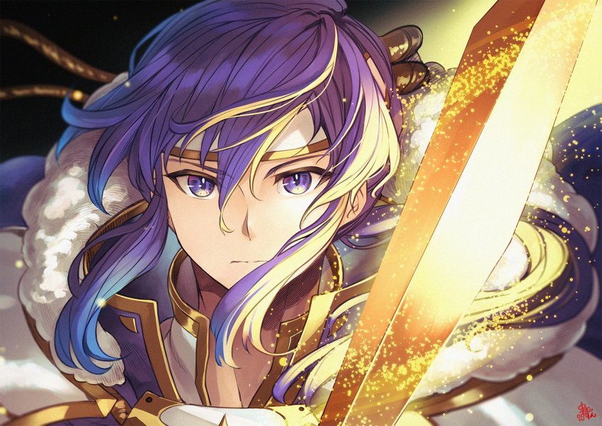1boy, armor, blue_eyes, blue_hair, cape, closed_mouth, fire_emblem, fire_emblem:_genealogy_of_the_holy_war