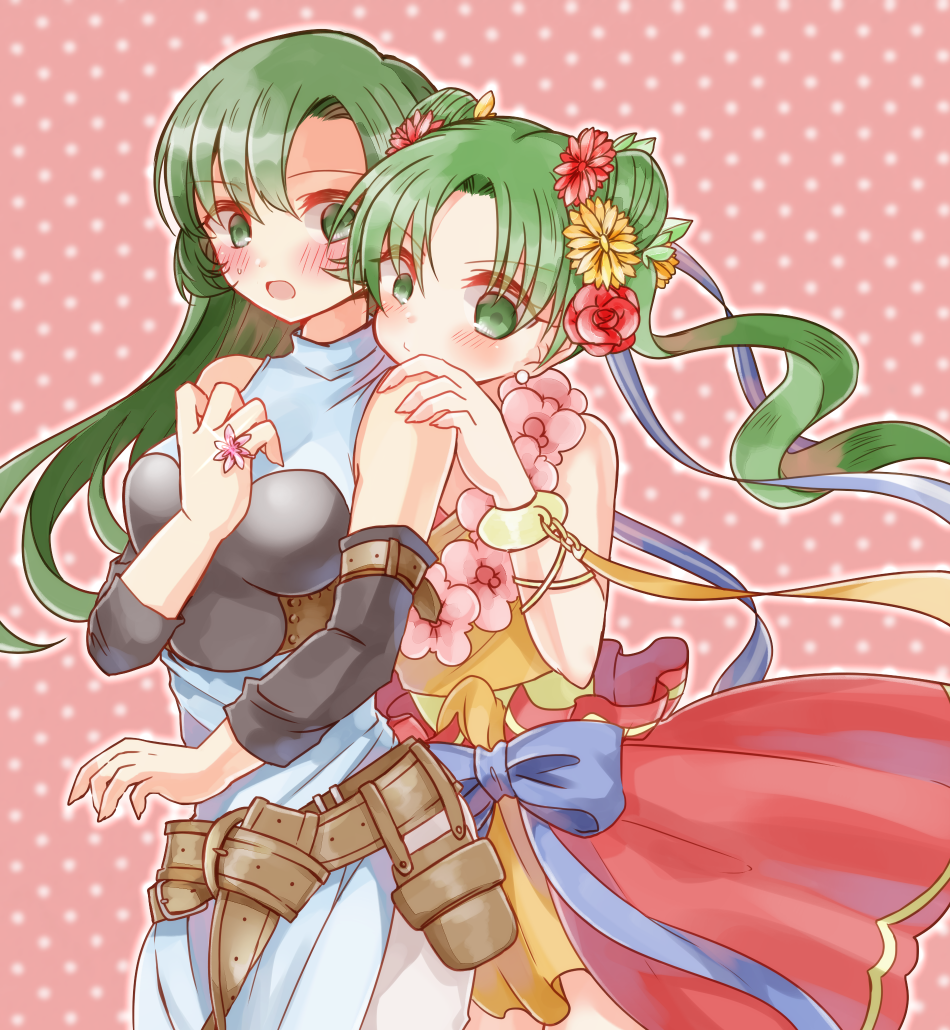 2girls, armor, belt, blush, breastplate, double_bun, dress, earrings