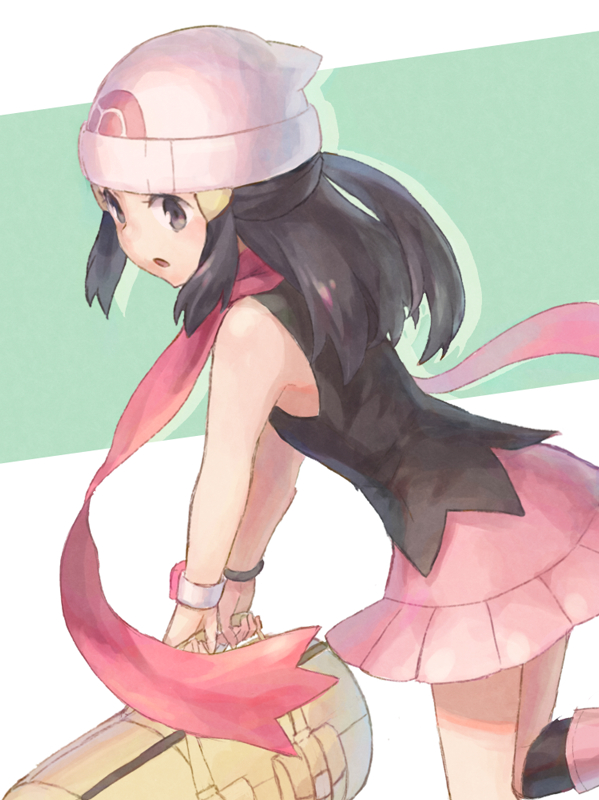 1girl, :o, ametani_kuko, bag, beanie, black_hair, boots, commentary_request, dawn_(pokemon), duffel_bag, hair_ornament, hat, holding, holding_bag, long_hair, nintendo, open_mouth, pink_boots, pink_scarf, pink_skirt, pokemon, pokemon_diamond/pearl/platinum, scarf, sidelocks, skirt, solo, two-tone_background, white_hat
