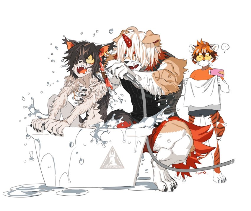 aak_(arknights), animal_ears, arknights, bathing, bathtub, black_hair, cat_ears, dog_boy, dog_ears, furry, furry_female, furry_male, glasses, highres, holding, horns, hung_(arknights), multicolored_fur, multicolored_hair, orange_eyes, orange_hair, rhodes_island_logo_(arknights), short_hair, simple_background, single_horn, streaked_hair, tail, tiger_ears, tiger_girl, waai_fu_(arknights), wei_yenwu_(arknights), wet, white_hair, yu_yanshu