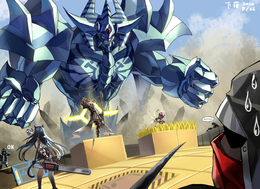 3boys, 3girls, absurdres, animal_ears, arknights, beeswax_(arknights), black_gloves, black_hair, black_jacket, black_legwear, blaze_(arknights), blue_hair, bow_(weapon), breasts, cat_ears, chainsaw, clenched_hand, closed_mouth, crossbow, dark_skin, doctor_(arknights), dress, duel_monster, exusiai_(arknights), faust_(arknights), feimao_(angelcat), gloves, gun, hair_over_one_eye, halo, hateful_avenger_(arknights), highres, holding, holding_chainsaw, holding_gun, holding_weapon, hood, hooded_jacket, horns, jacket, jewelry, katana, long_hair, long_sleeves, looking_at_viewer, mask, monster, multiple_boys, multiple_girls, obelisk_the_tormentor, open_mouth, pointy_ears, red_hair, shirt, short_hair, silver_hair, skirt, sword, teeth, thighhighs, thumbs_up, very_long_hair, weapon, white_jacket, white_shirt, wings, yellow_eyes, yu-gi-oh!