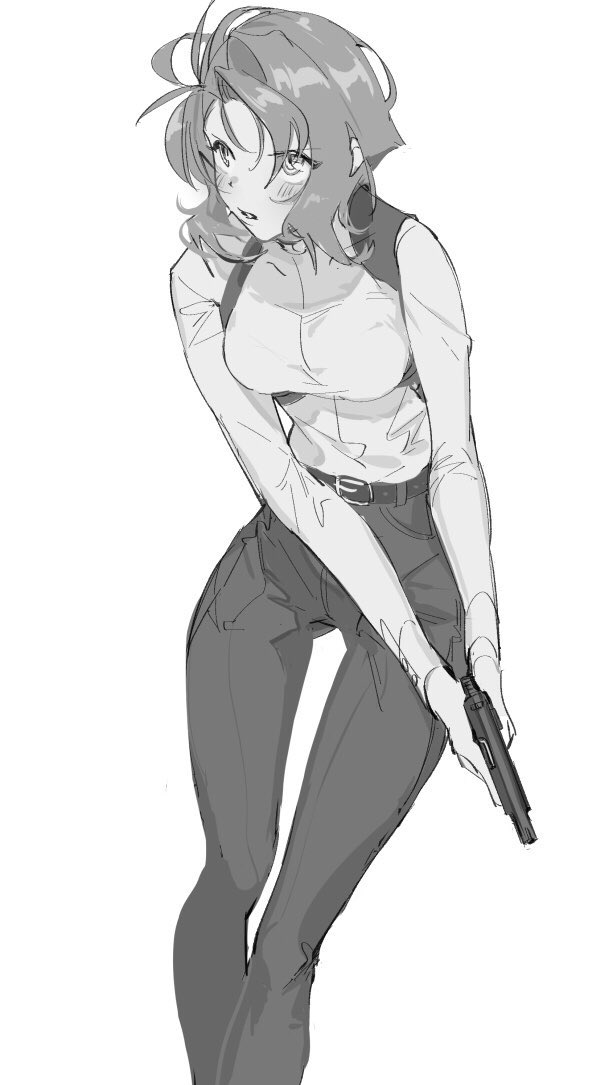 1girl, bad_id, bad_twitter_id, breasts, greyscale, gun, gunsmith_cats, holding, holding_gun, holding_weapon, looking_up, medium_breasts, medium_hair, monochrome, rally_vincent, running, solo, suiso_(owp), thigh_gap, weapon, white_background