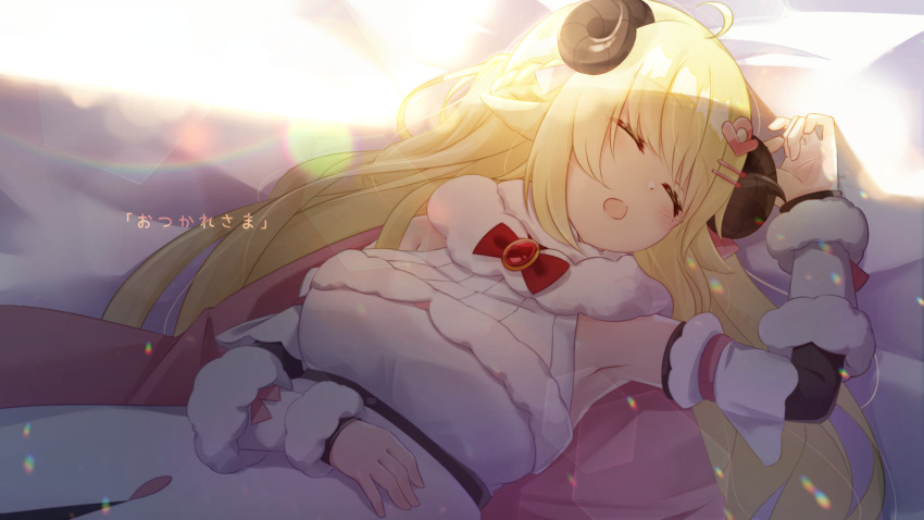1girl, ahoge, arm_up, bed_sheet, black_sleeves, blonde_hair, blush, breasts, closed_eyes, commentary_request, curled_horns, detached_sleeves, dress, fur-trimmed_dress, fur-trimmed_sleeves, fur_trim, hair_flaps, hair_ornament, hairclip, highres, hololive, horns, hot_kakigoori, long_hair, lying, medium_breasts, on_back, open_mouth, sheep_horns, sleeping, sleeveless, sleeveless_dress, solo, translation_request, tsunomaki_watame, tsunomaki_watame_(1st_costume), very_long_hair, virtual_youtuber, white_dress, white_sleeves
