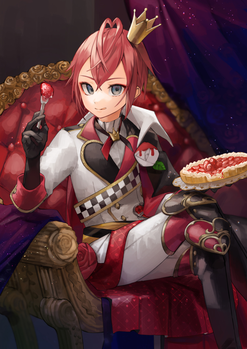 1boy, :q, black_boots, black_cape, black_gloves, black_ribbon, boots, cake