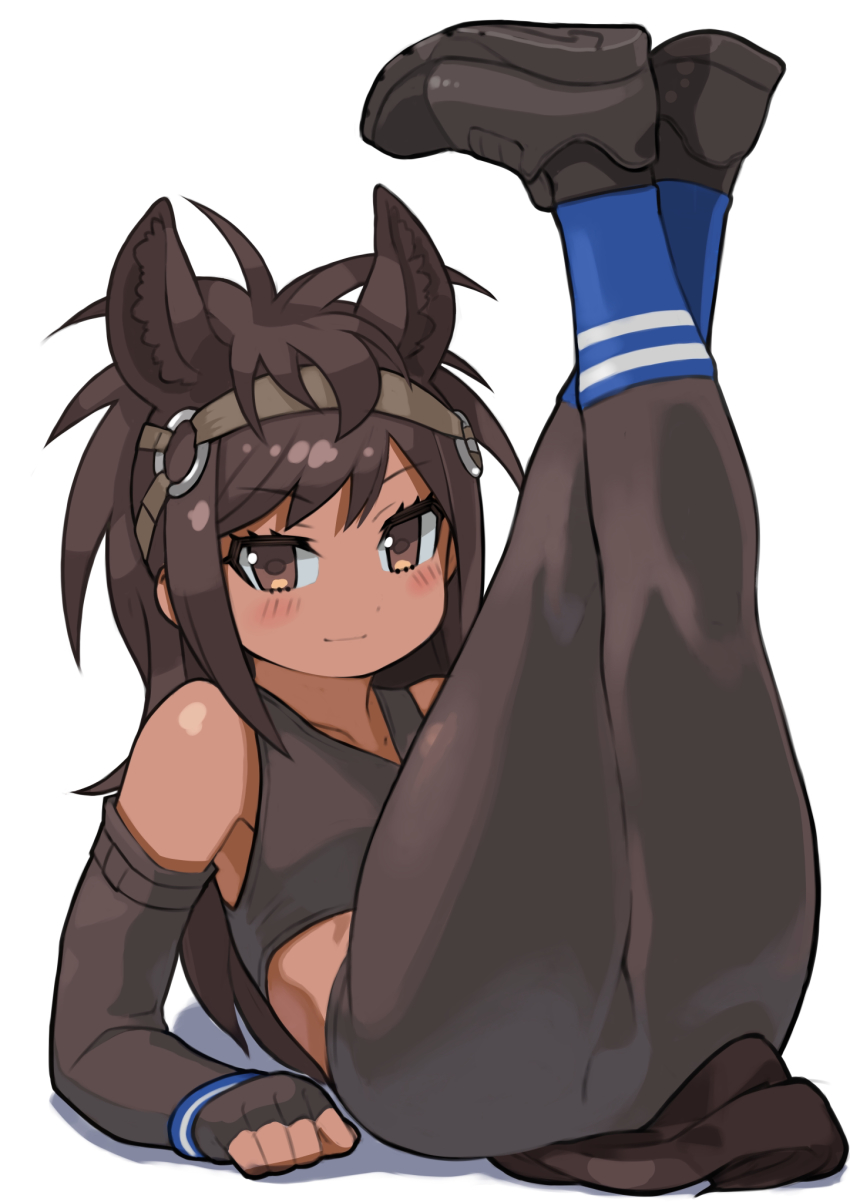 1girl, animal_ear_fluff, animal_ears, bare_shoulders, black_gloves, black_hair, black_pantyhose, black_sports_bra, bridle, brown_eyes, brown_thoroughbred_(kemono_friends), commentary, dark-skinned_female, dark_skin, elbow_gloves, extra_ears, fingerless_gloves, full_body, gloves, highres, horse_ears, horse_girl, horse_tail, kemono_friends, legs_up, light_smile, long_hair, looking_at_viewer, pantyhose, rinx, simple_background, solo, sports_bra, tail, white_background