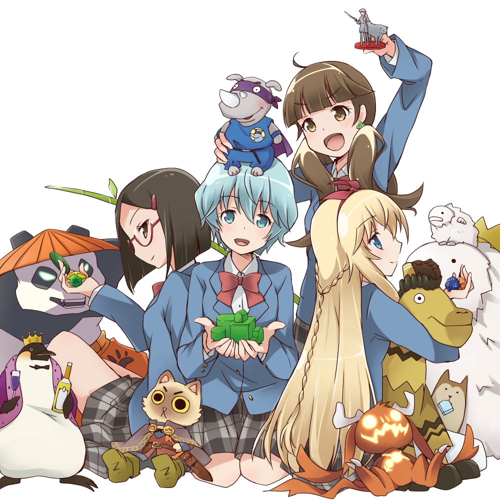 4girls, :d, alcohol, bird, blonde_hair, blue_eyes, blue_shirt, blunt_bangs