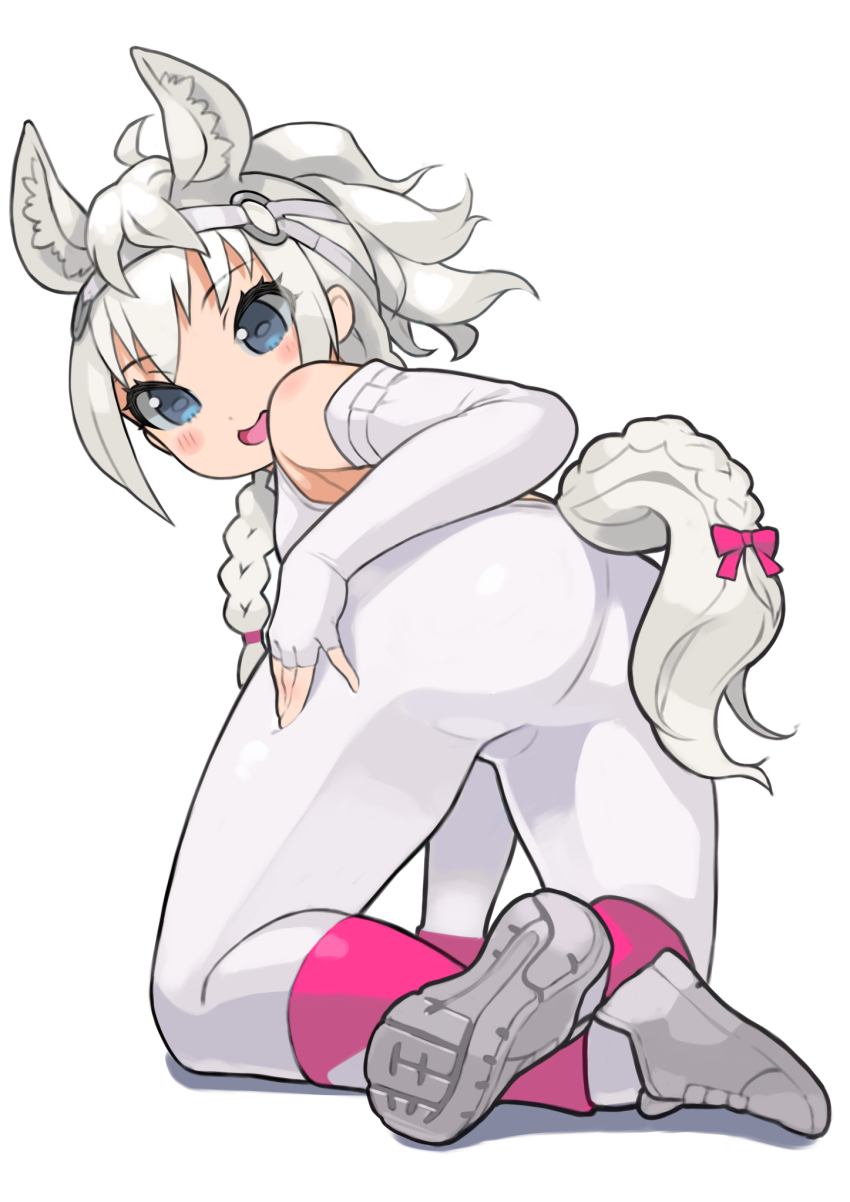 1girl, :d, all_fours, animal_ear_fluff, animal_ears, bare_shoulders, blue_eyes, blush, bow, braid, bridle, commentary, crossed_ankles, elbow_gloves, extra_ears, eyes_visible_through_hair, fingerless_gloves, from_behind, full_body, gloves, highres, horse_ears, horse_girl, horse_tail, kemono_friends, leggings, long_hair, looking_at_viewer, looking_back, open_mouth, pantyhose, pink_bow, ponytail, rinx, side_braid, simple_background, smile, solo, tail, tail_bow, tail_braid, tail_ornament, white_background, white_gloves, white_hair, white_pantyhose, white_thoroughbred_(kemono_friends)